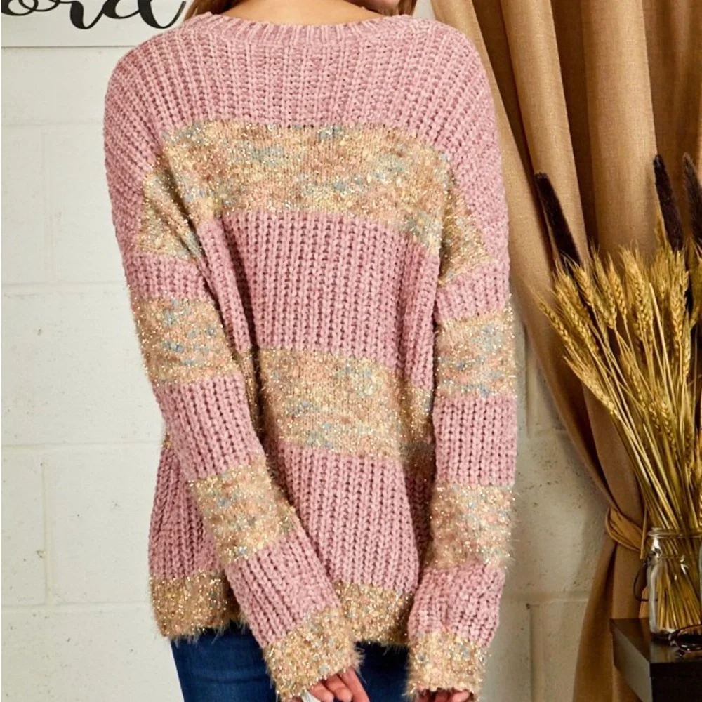 **Last One** Chenille Confetti Soft Knit Sweater, Pink & Gold Metallic Details - Picture 11 of 12